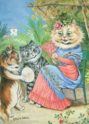 Mother cat with fan and two kittens